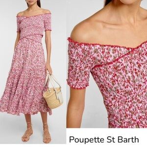 Poupette St. Barth Pink Floral One-Shoulder Smocked Midi Dress